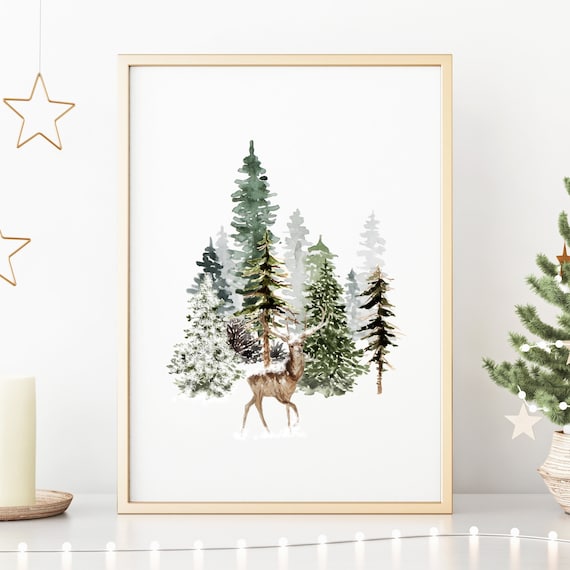 Winter Deer among Pine Trees Watercolor Woodland Forest Art Poster