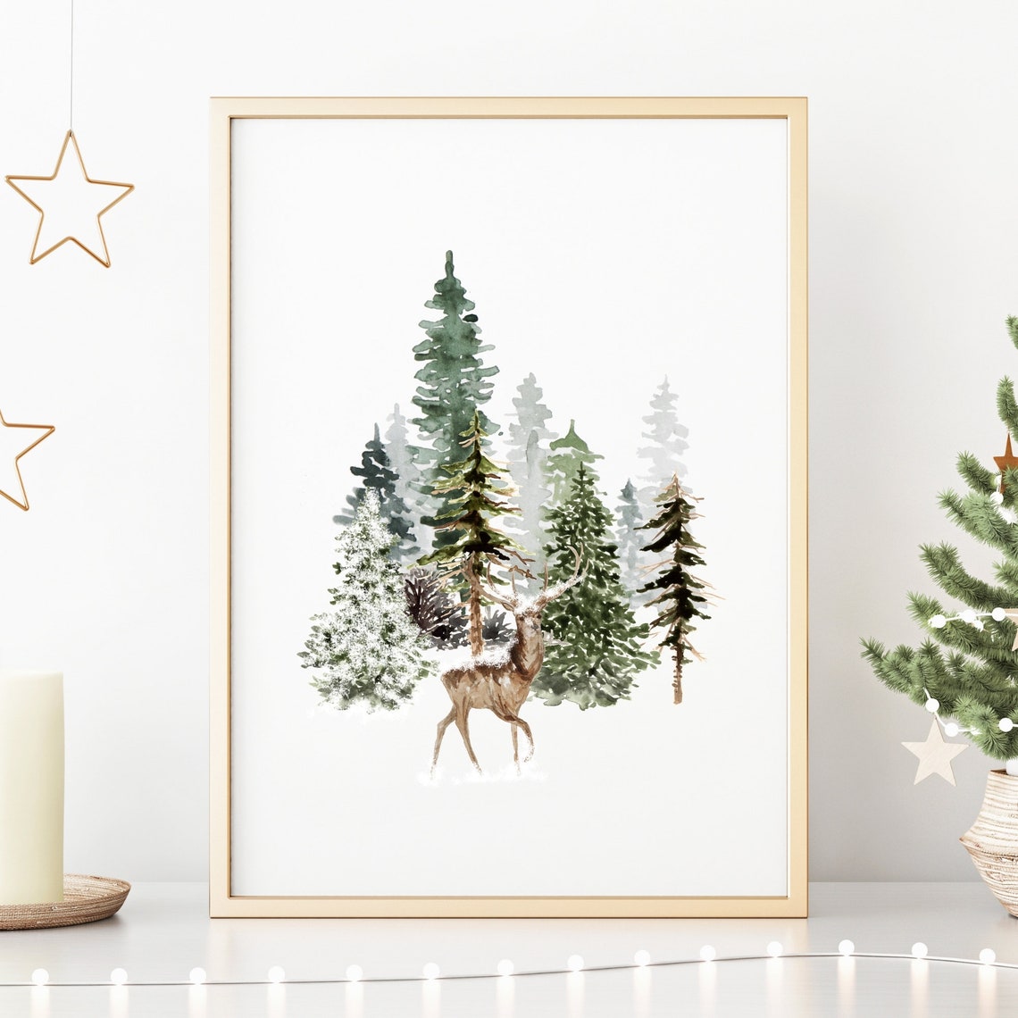 Winter Deer among Pine Trees Watercolor Woodland Forest Art Poster