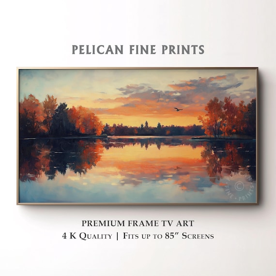 Lakeside Sunset Frame Tv Art Vibrant Autumn Trees Reflection Painting Rustic Fall Landscape Serene Nature Decor Tv014