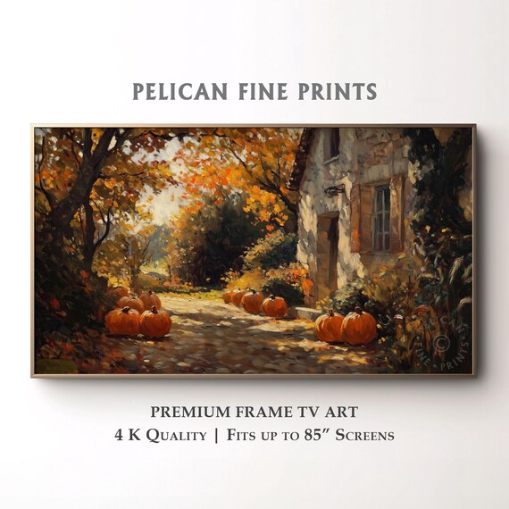 Autumn Cottage Frame Tv Art Pumpkins And Golden Trees Painting Rustic Farmhouse Porch Scene Cozy Fall Harvest Decor Tv003