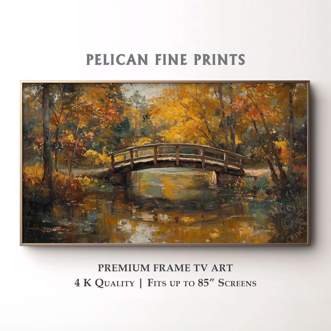 Wooden Bridge Over Autumn Stream Golden Forest Reflection Wall Art