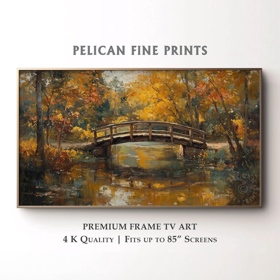 Wooden Bridge Frame Tv Art Golden Autumn Stream Painting Rustic Forest Landscape Cozy Fall Nature Scene For Display Tv018