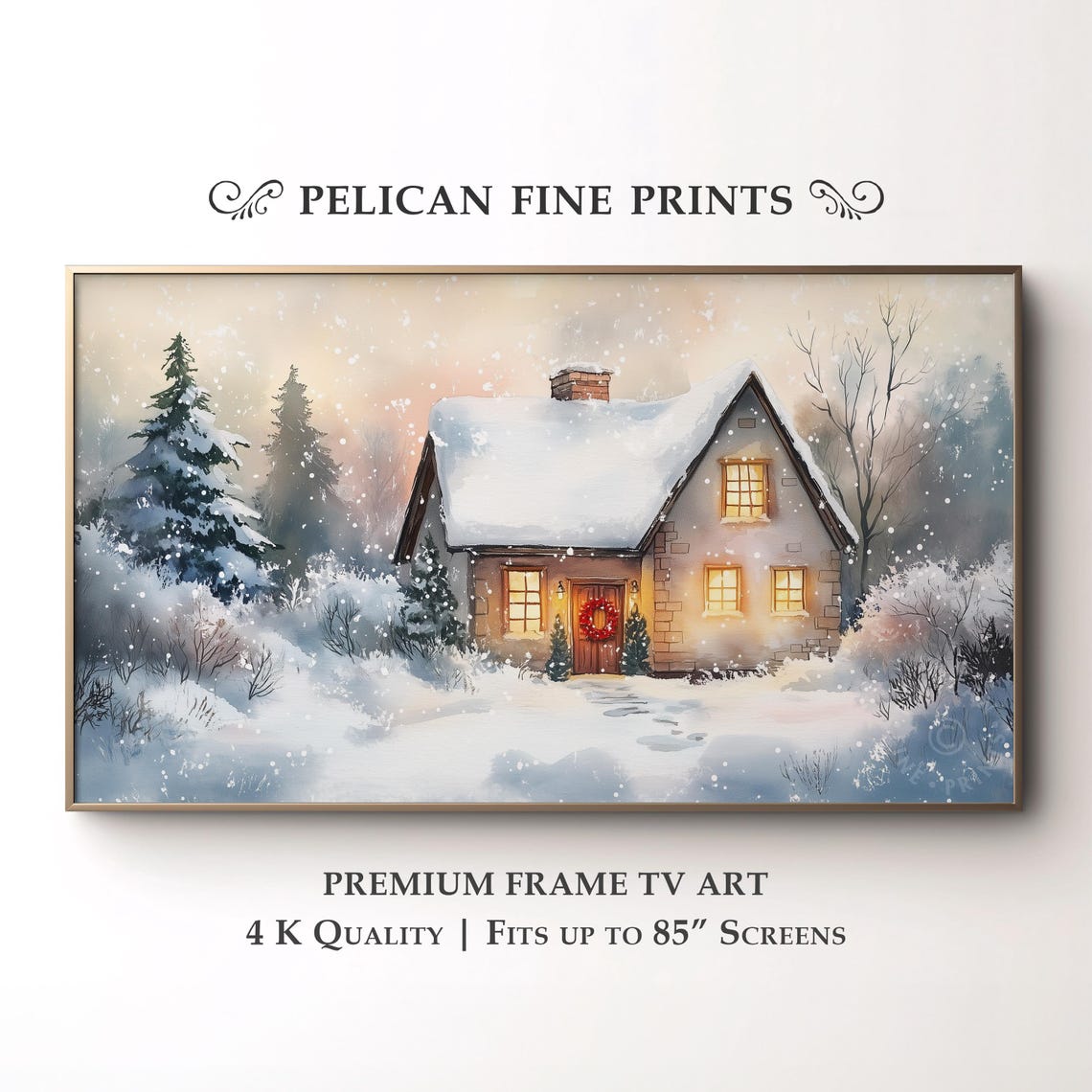 Snow Covered Cottage Glowing Windows Winter Sunrise Wall Art