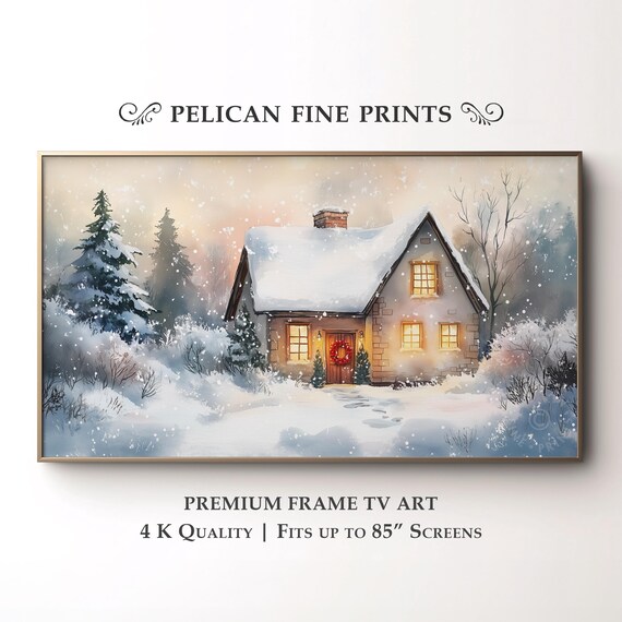 Snow Covered Cottage Glowing Windows Winter Sunrise Wall Art