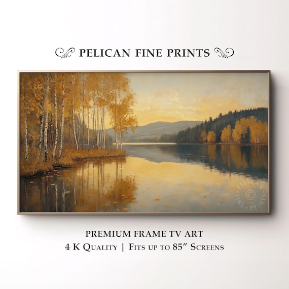 Golden Birch Trees By Autumn Lake Twilight Reflection Wall Art