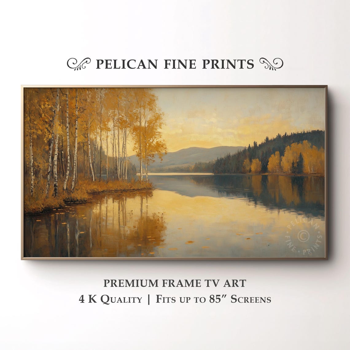 Golden Birch Trees By Autumn Lake Twilight Reflection Wall Art