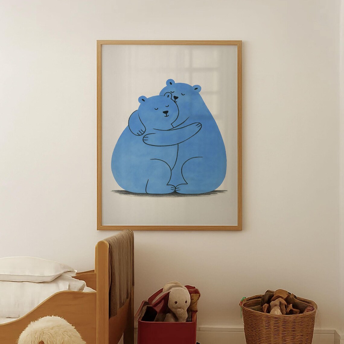 Hugging Blue Bears Whimsical Nursery Watercolor Cute Animal Hug Art Poster