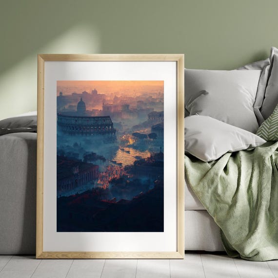 Ancient Rome Sunset Art Print Colosseum Wall Historical Cityscape Poster Italian Architecture Decor Warm Vintage Artwork