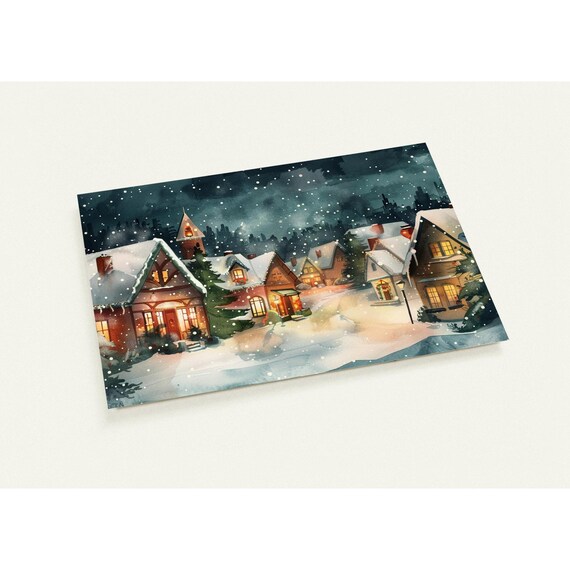 Snowy Christmas Town Street Scene Watercolor Postcard Print Winter