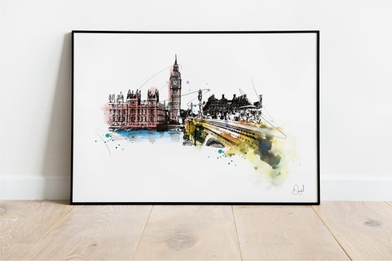 Big Ben Art Print London Illustration Drawing Watercolour City