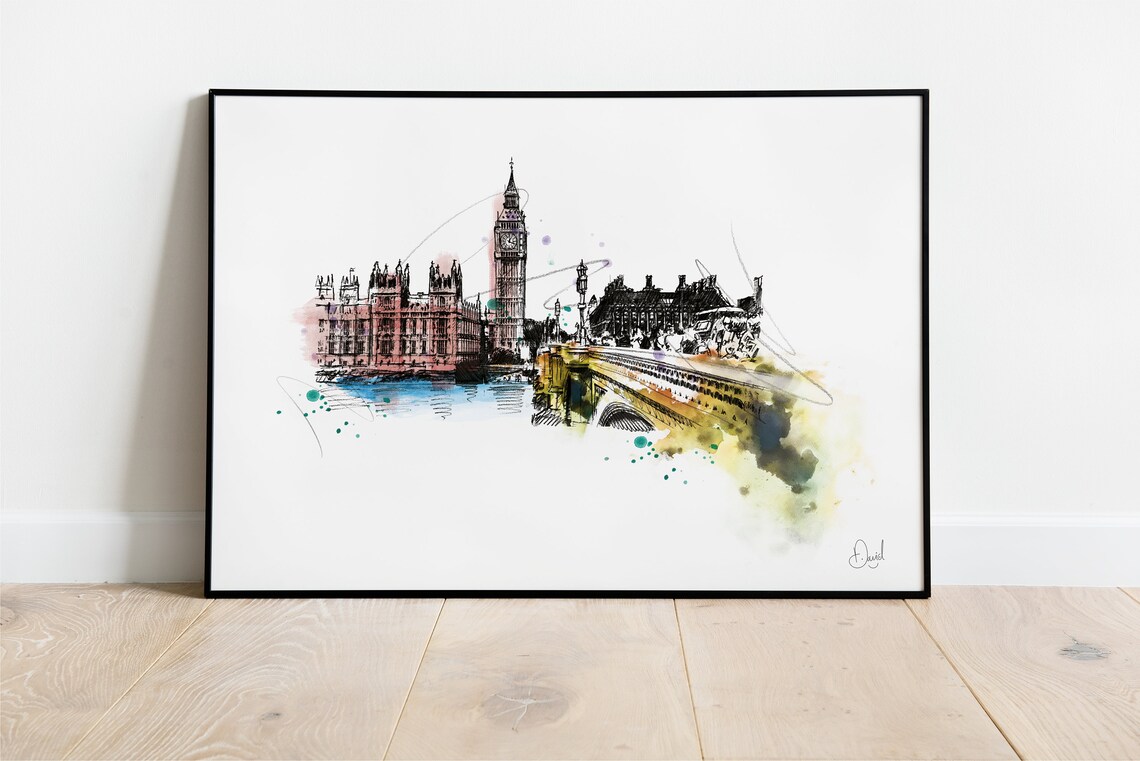 Big Ben Houses Of Parliament London Watercolor Sketch Landmark Print
