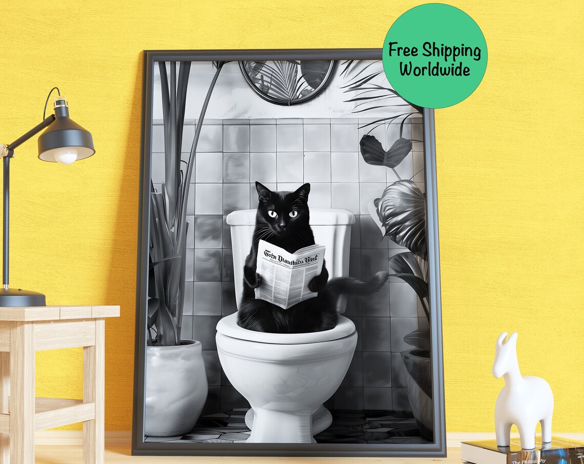 Black Cat Reading Newspaper Toilet Black White Bathroom Poster - Image 3
