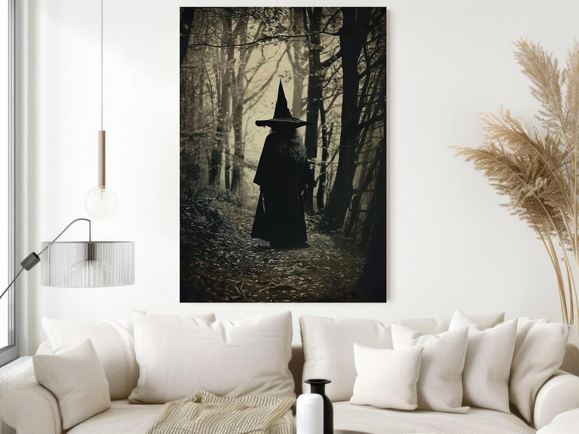 Witch Silhouette Walking Dark Forest Path Spooky Sepia Trail Poster - Image 4