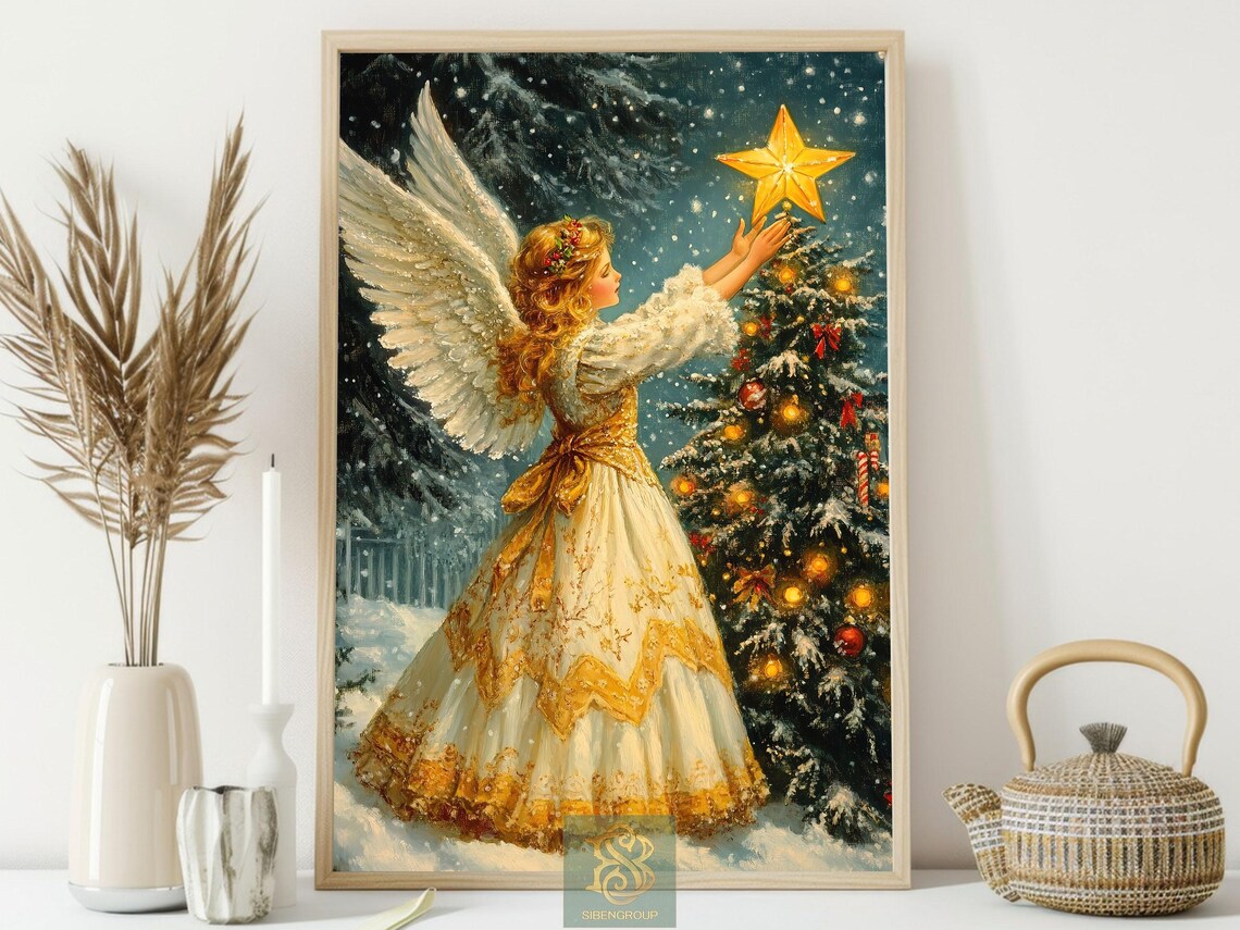 Cottage Christmas Angel, Celestial Wall Art Print - Image 4