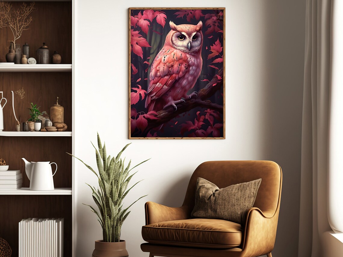 Magic Pink Owl Painting Enchanted Owl Art Print Owl Print Bird Art Print Floral Animal Poster Print Wild Animal Art Print - Image 3