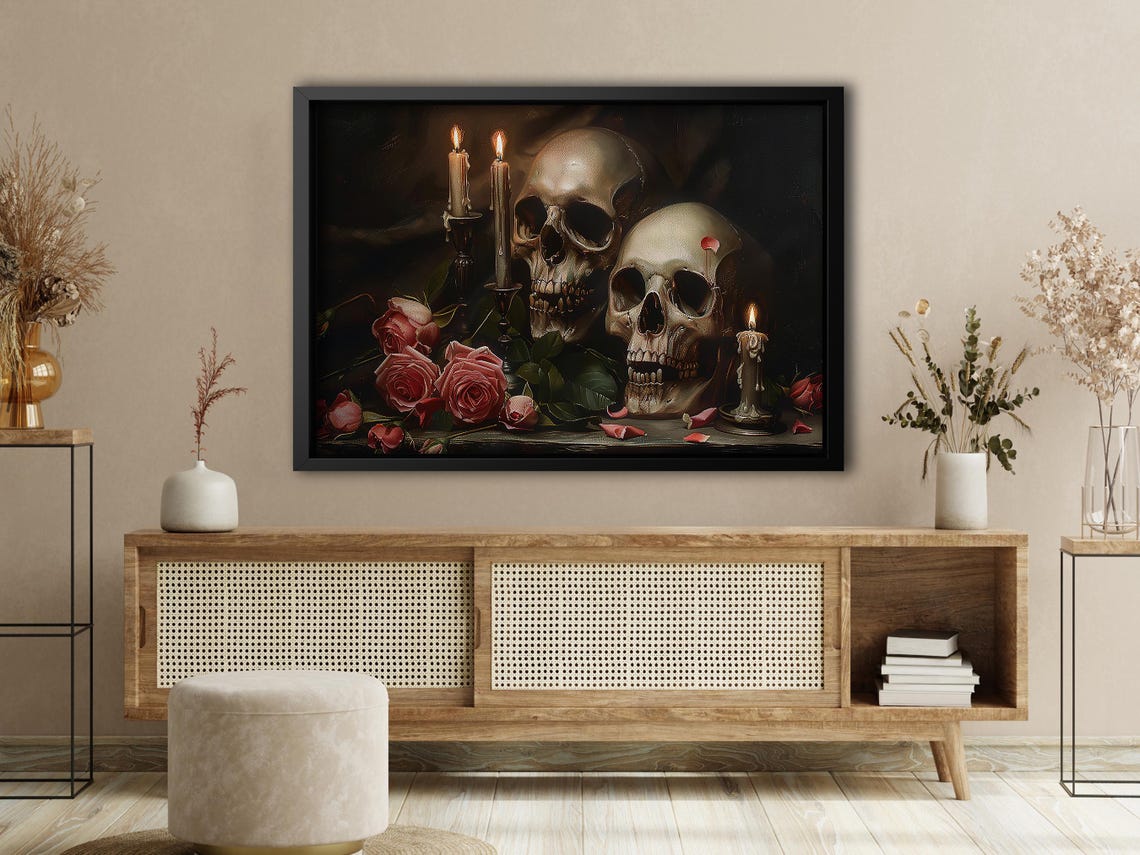 Two Skulls with Red Roses and Candles Dark Academia Still Life Poster - Image 4