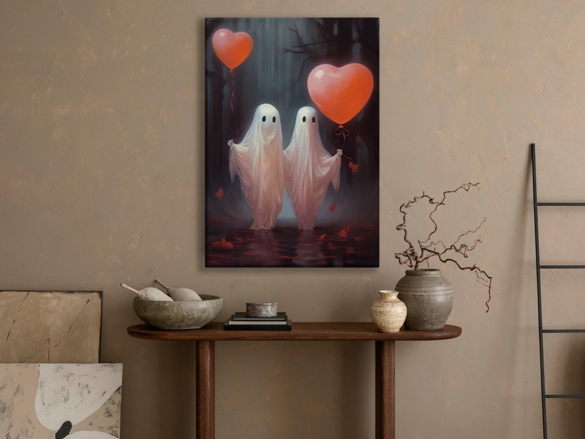 Two Ghosts Red Heart Balloons Valentine Spooky Love Art Poster - Image 4