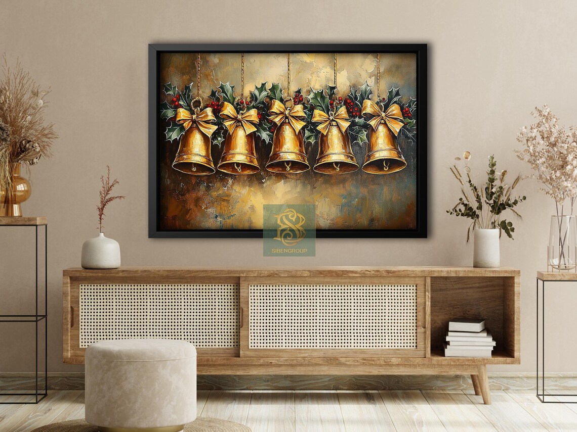 Vintage Golden Christmas Bells With Bows and Holly Painting Poster - Image 4