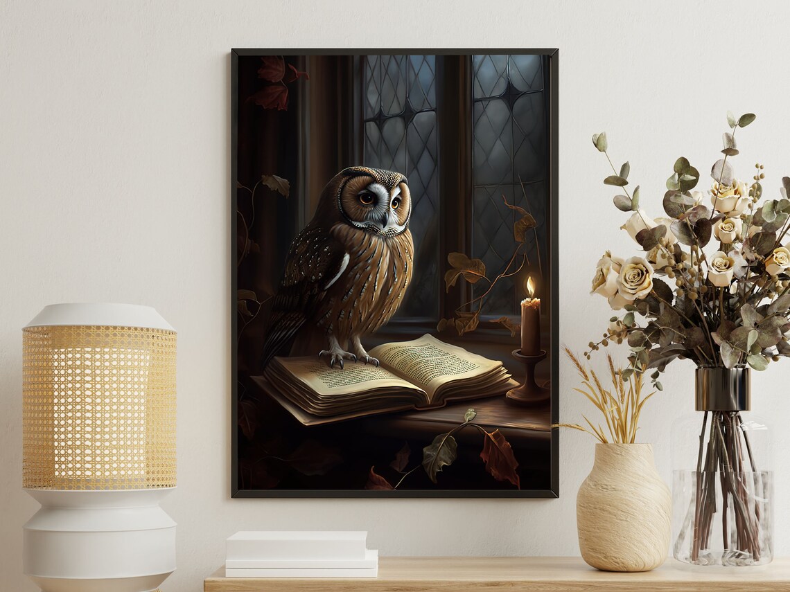 Vintage Owl Art Print, Gothic Dark Academia Style