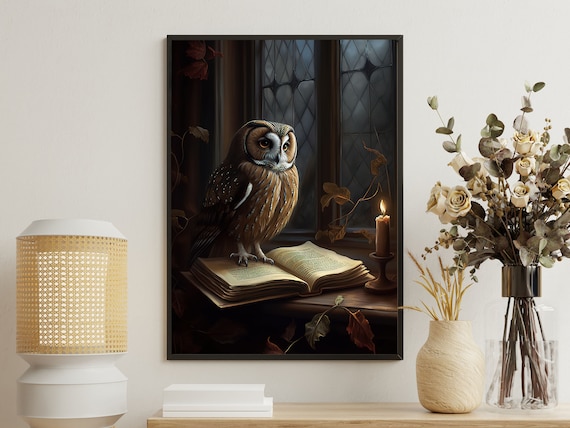 Vintage Owl Art Print, Gothic Dark Academia Style