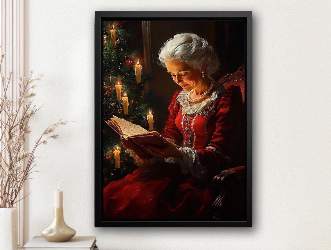 Vintage Mrs Claus Reading by Candlelight Beside Christmas Tree Poster