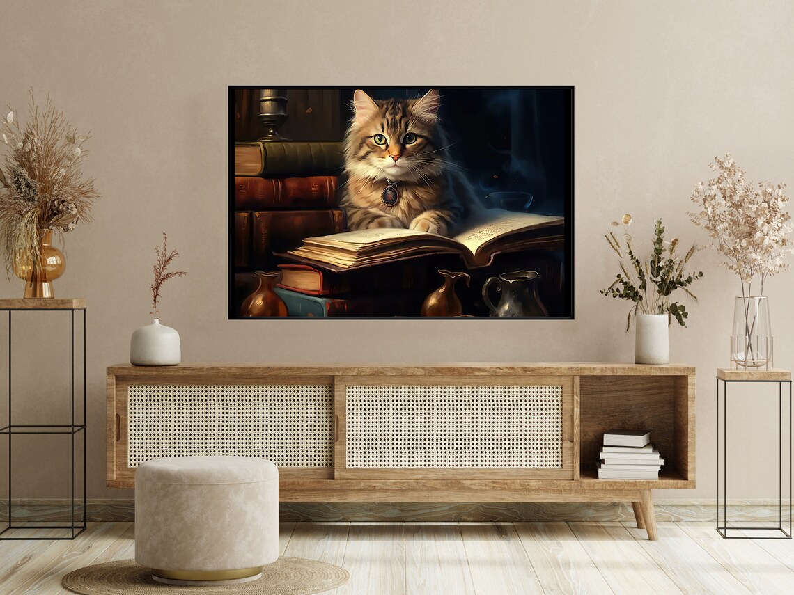 Fluffy Tabby Cat On Old Library Books Vintage Scholar Cat Dark Academia Poster - Image 4