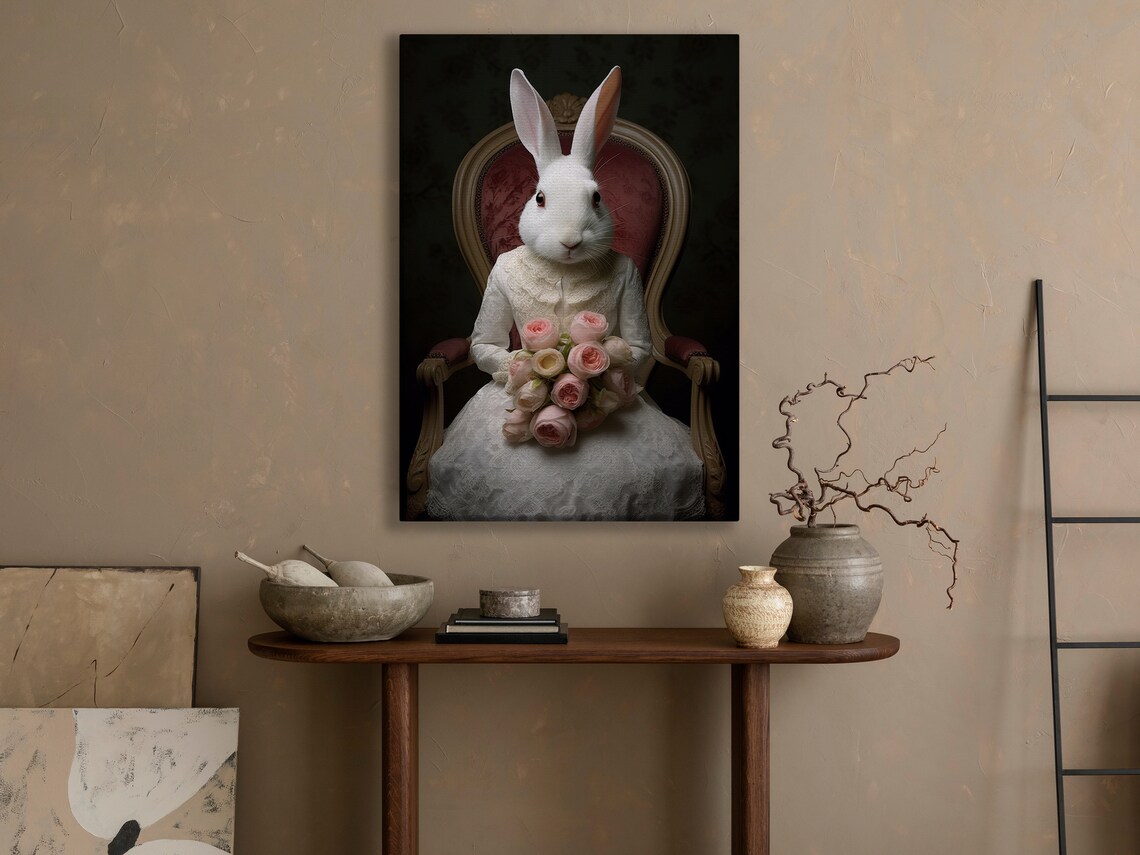 Victorian White Rabbit In Lace Dress Holding Pink Roses Portrait Poster - Image 2