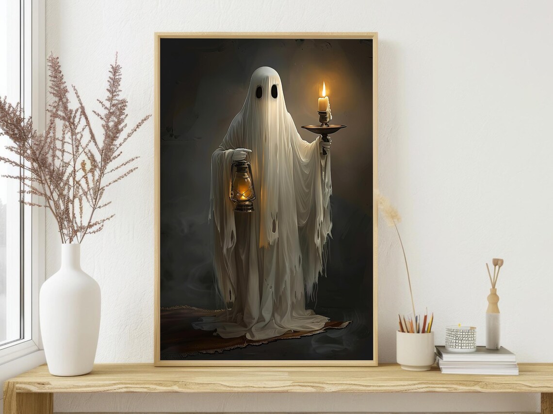 Ghost Holding Lantern and Candle in Dark Warm Candlelit Spooky Wall Poster - Image 3