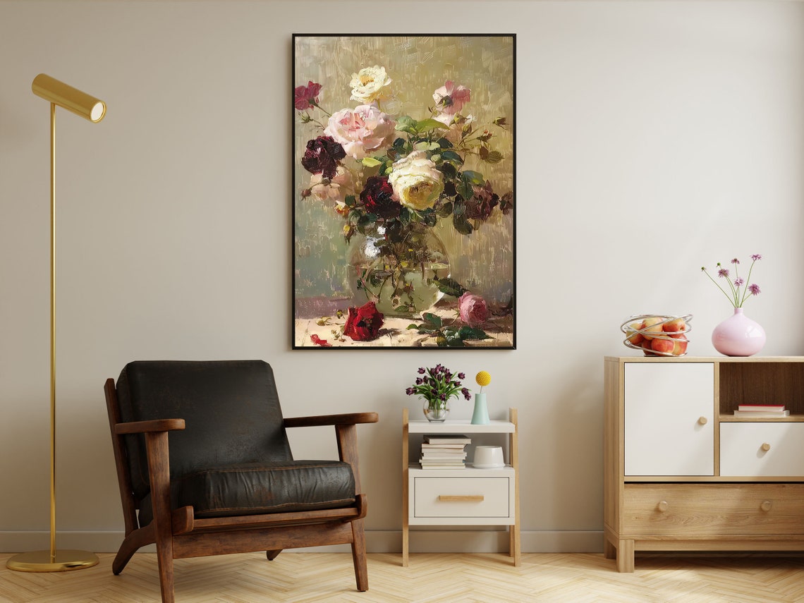 Cottage Roses Vase Painting Vintage Flowers Art Print Flowers Print Esthetic Flowers Poster Flowers Wall Art - Image 4