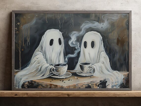 Two Cute Ghosts Drinking Tea Dark Moody Halloween Spooky Painting Poster