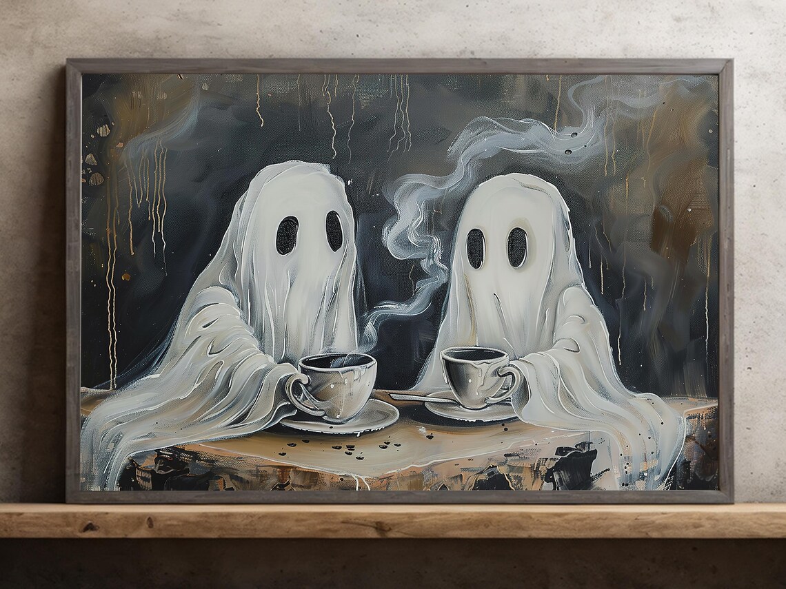 Two Cute Ghosts Drinking Tea Dark Moody Halloween Spooky Painting Poster