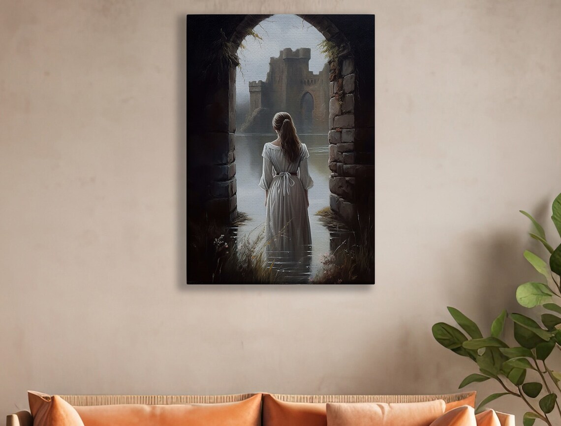 Romantic Woman In White Gown Walking Toward A Misty Castle Poster - Image 2
