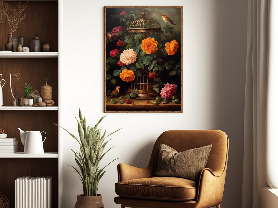 Antique Birdcage Lush Roses Small Birds Dark Romantic Floral Art Poster - Image 2