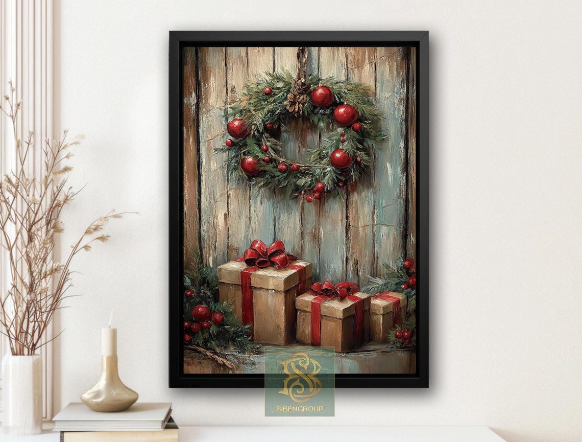 Rustic Christmas Wreath With Red Baubles and Gift Boxes Wall Art
