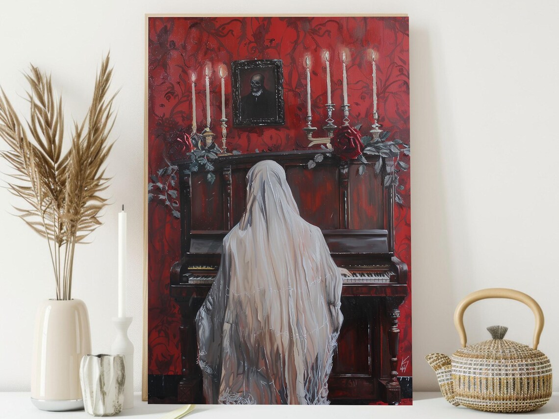 Ghost Playing Piano in Red Candlelit Victorian Room Dark Romantic Poster - Image 4