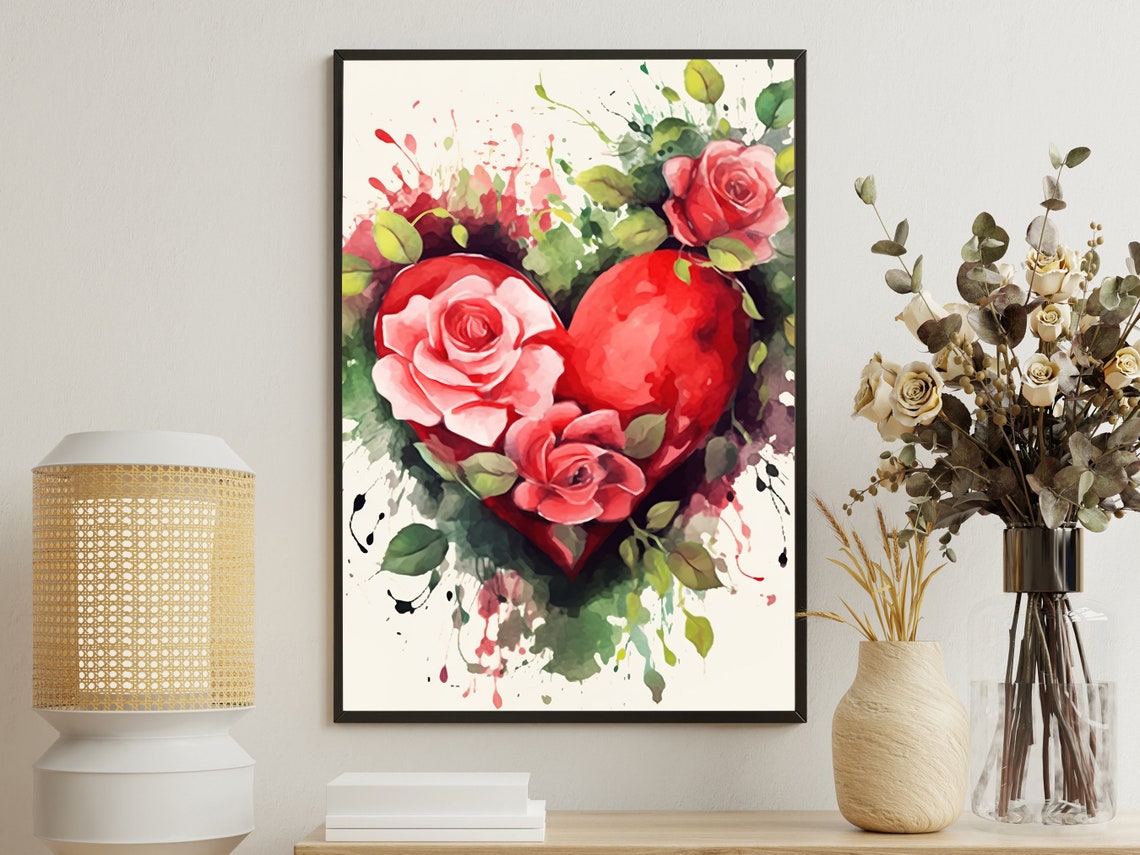Floral Heart Watercolor Painting Heart Love Art Print Flowers Print Flowers Wall Decor Rose Poster Print Valentine Flowers Decor