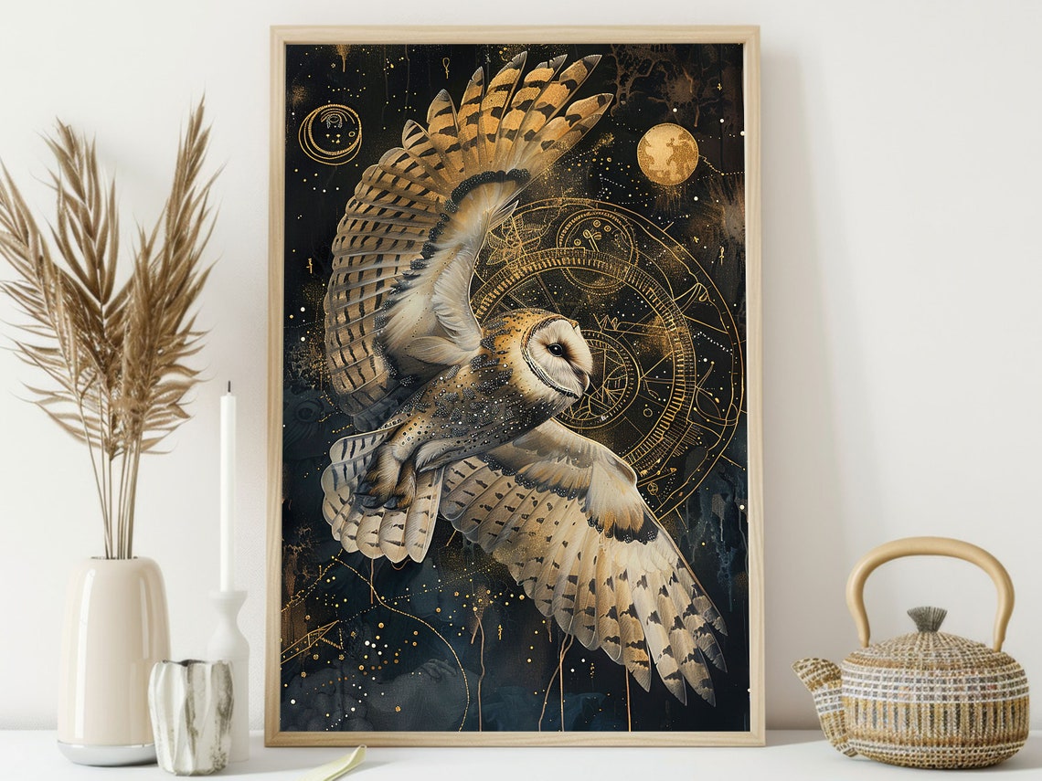 Barn Owl In Flight With Gold Constellations Dark Celestial Night Print
