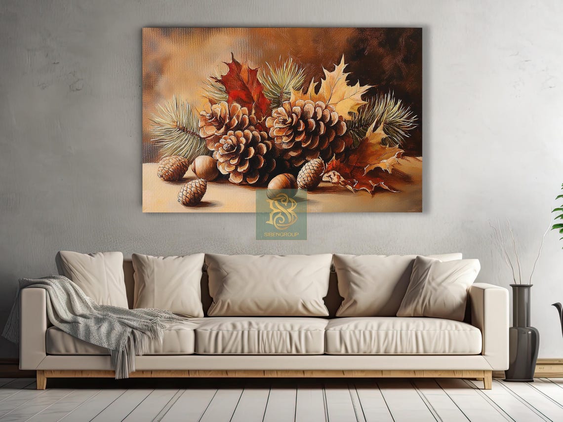 Pinecone And Acorn Still Life With Autumn Maple Leaves Rustic Print - Image 2