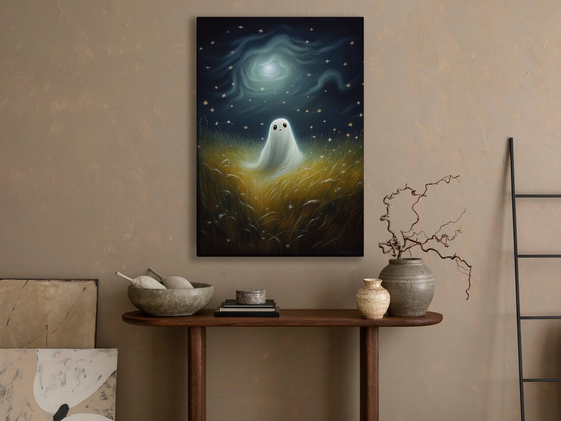 Cute Little Ghost In A Golden Wheat Field Under Starry Night Sky Poster - Image 3