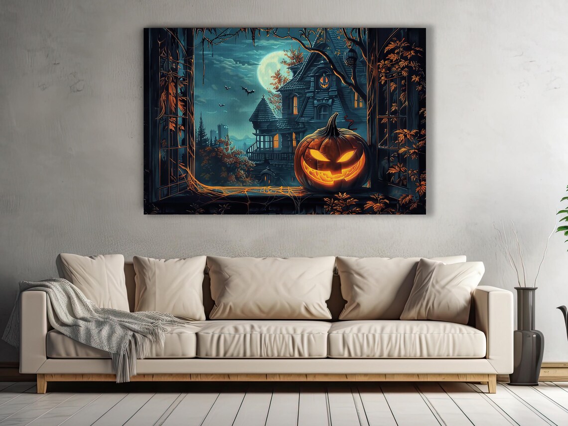 Glowing Jack O Lantern on Haunted House Windowsill Full Moon Night Poster - Image 3