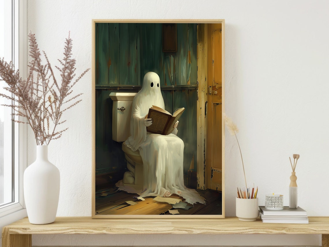 Funny Ghost Reading Book on Toilet Rustic Bathroom Halloween Poster - Image 3
