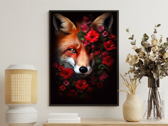 Red Fox Portrait Among Scarlet Flowers Dark Moody Wildlife Animal Poster