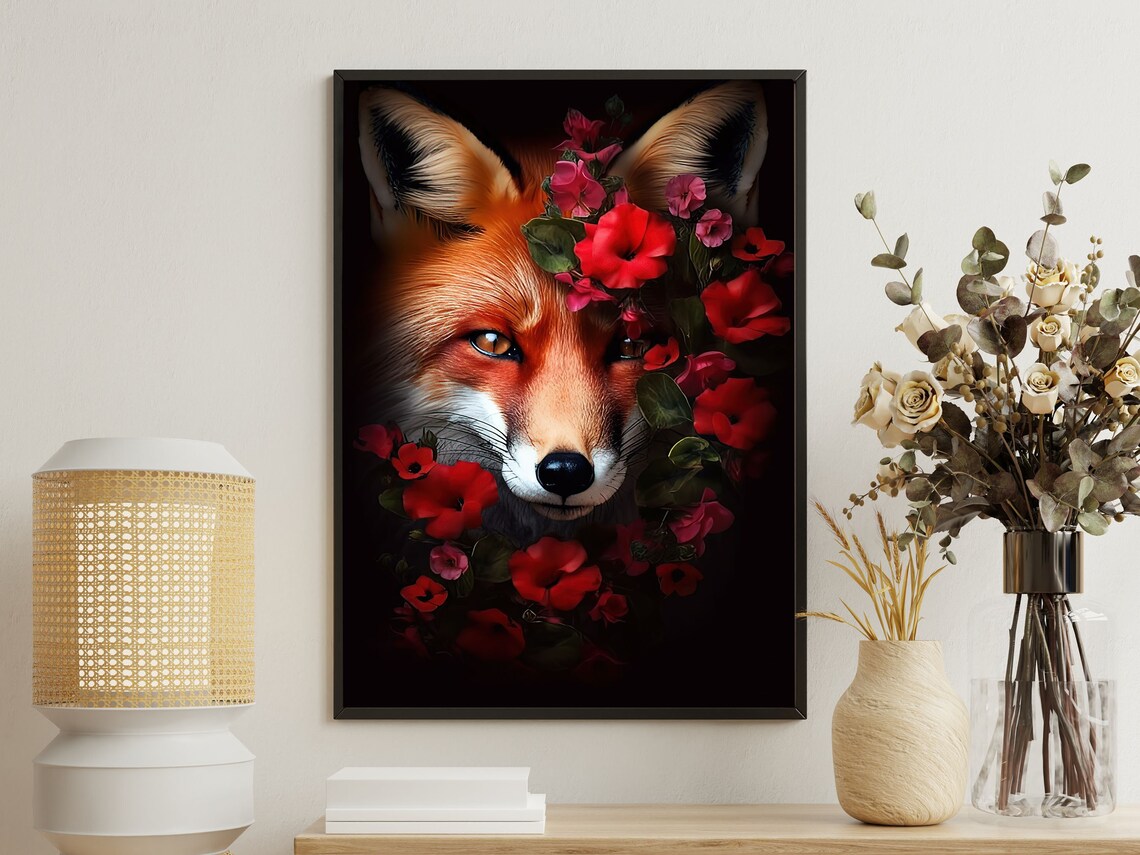 Red Fox Portrait Among Scarlet Flowers Dark Moody Wildlife Animal Poster