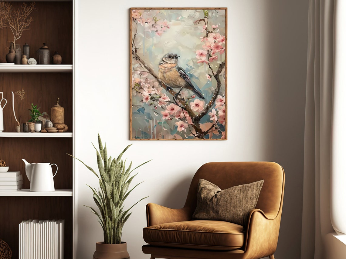 Vintage Peach Blossom And Bird Painting Flowers Art Print Cottage Flowers Print Esthetic Flowers Poster Flowers Wall Art - Image 3