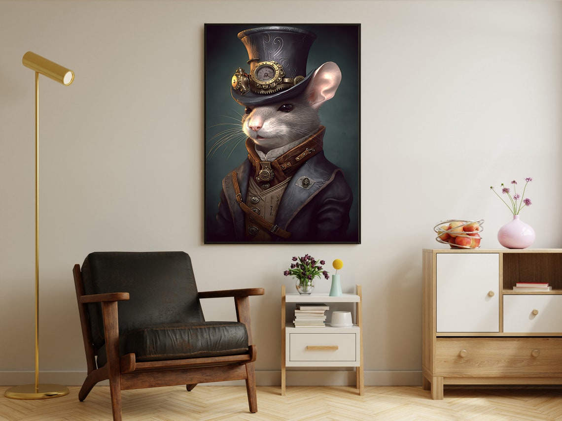 Steampunk Mouse Captain In Top Hat With Goggles Portrait Art Print - Image 4
