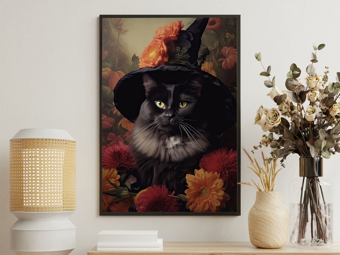 Black Cat In Witch Hat Among Autumn Flowers Portrait Art Print