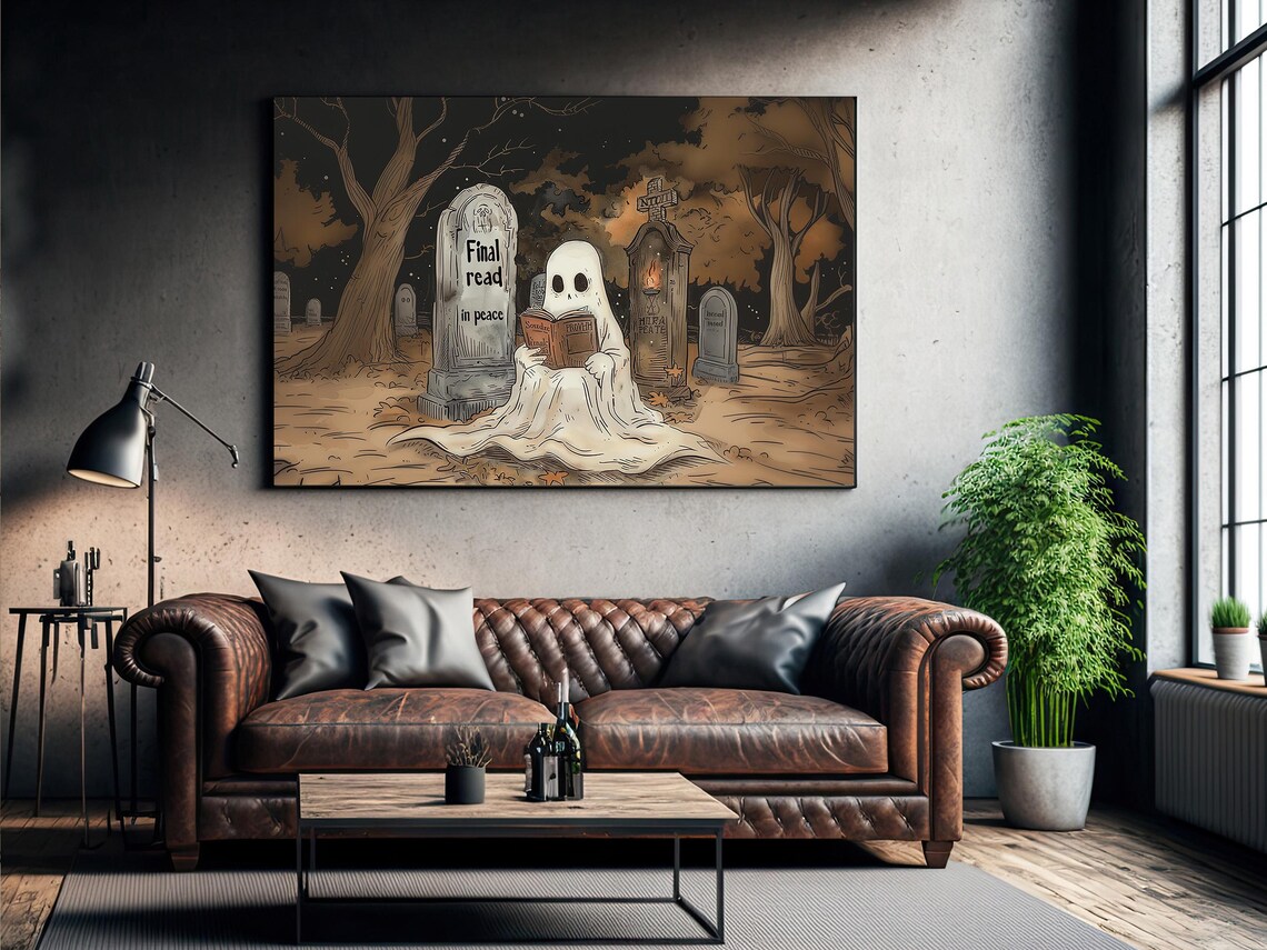 Cute Ghost Reading Final Read in Peace Cemetery Cartoon Halloween Poster - Image 3