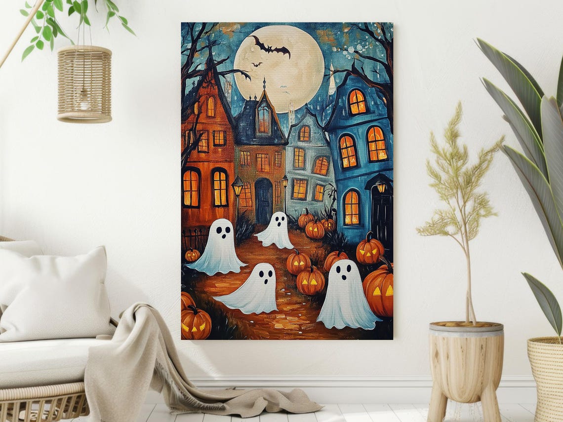 Cute Ghosts On Moonlit Street With Pumpkins Halloween Night Print - Image 2