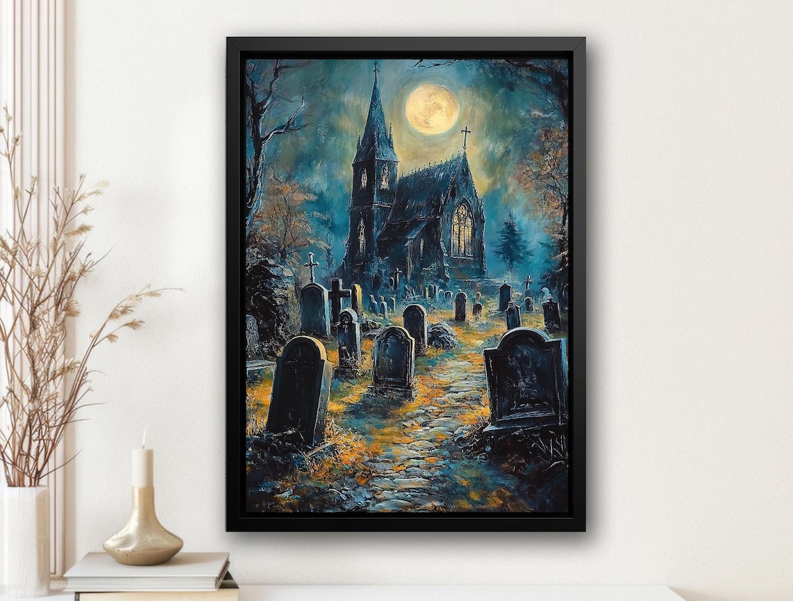 Moonlit Gothic Church Cemetery Full Moon Night Oil Painting Poster