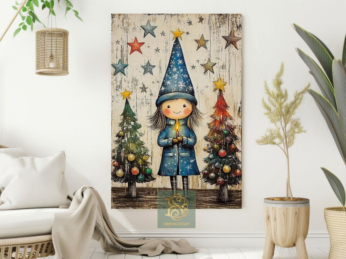 Cute Folk Girl Christmas Candle Starry Night Trees Illustration Poster - Image 2